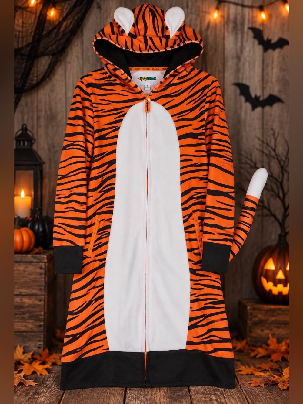 Tipsy Elves Tiger Costume Onesie Women’s M Orange Hooded Tail NWOT Halloween